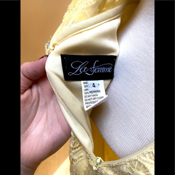 NWT La Femme Gorgeous Pale Yellow Sexy Rhinestone Encrusted Lace Hi Slit Gown 4 - Picture 5 of 15